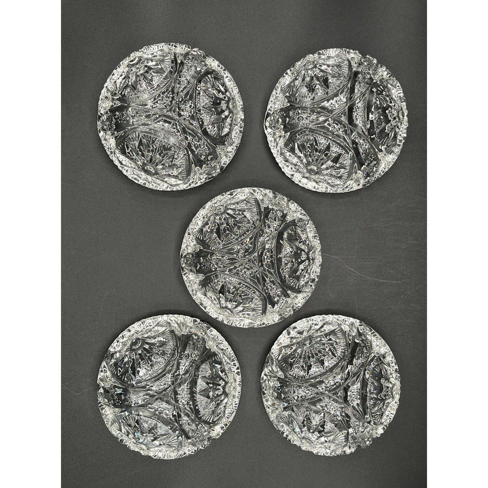 Vtg Cut Glass Nut Bowls Set of 5 Pinwheel Fan Sawtooth Rim Heavy Glass 4.5" - Picture 4 of 10